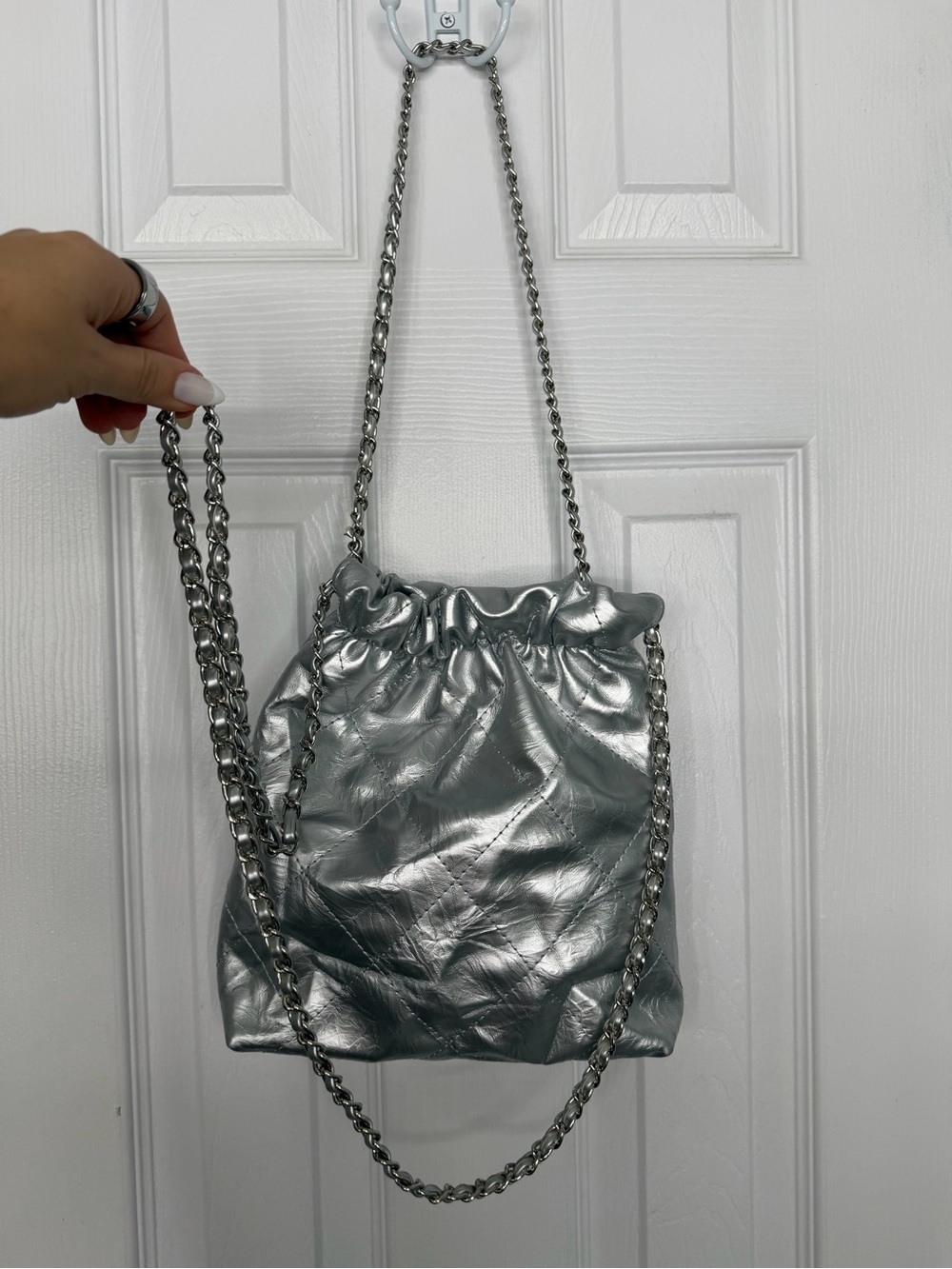 Silver Quilted Drawstring Shoulder Bag - Picture 2 of 7